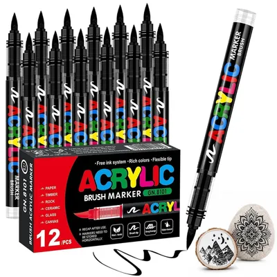 Produktbild von Acrylstifte Schwarz 12 Stück, wasserfest, Permanent Marker, Pinselspitze 1-6 mm, für Glas, Holz, Keramik, Metall, Leinwand