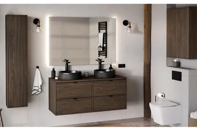 Image de Ensemble complet Salle de Bain 120 cm + Plateau + Double Vasques Noires + Miroir + Colonne + 2 meubles hauts - Caldera Foncé