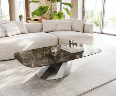 Produktbild von DELIFE Couchtisch Edge Boot 140x80 cm Keramik Emperador Extra Lucidato Dunkelbraun Parabi Edelstahl gebürstet