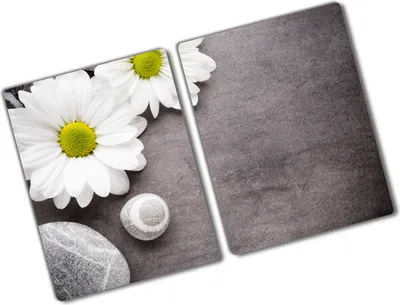 Produktbild von Tulup Glas Herdabdeckplatte - 2x40x52 cm - Glaskeramikkochfeld-Abdeckung Spritzschutz Glasabdeckplatte Kochplattenabdeckung und Schneidebrett - Zweiteilig - Blumen & Pflanzen - Gerbera - Weiß