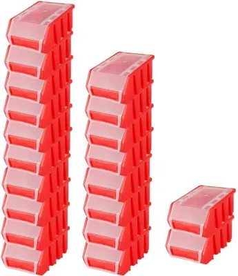 Three stacks of red storage bins with clear lids are arranged on a white background.
