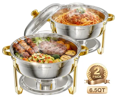 Produktbild von Buffet Warmhaltebehälter Edelstahl - Runde Chafing Dishes 6,5 QT (6,1 l) - Speisenwärmer für Buffet & Catering - Set mit 2 Stück