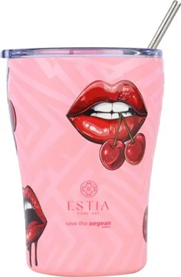 Produktbild von ESTIA | Thermobecher - Isolierbecher - mit Strohhalm - 350 ml - rosa rot - aus Edelstahl - Kaffeebecher