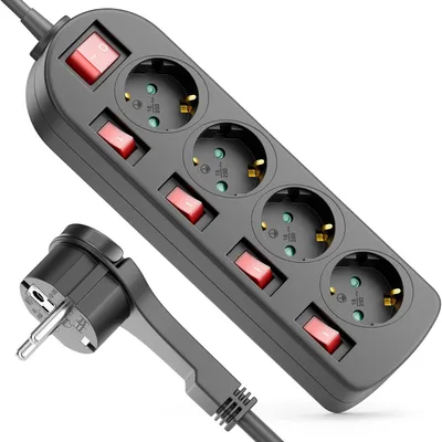 Produktbild von deleyCON 4-Fach Steckdosenleiste mit Flachstecker - EIN/AUS Schalter - einzeln schaltbar - 5m Kabel - Mehrfachsteckdose Stromkabel Verteiler Verlängerung Stromleiste Haushalt Büro 3680W - Schwarz