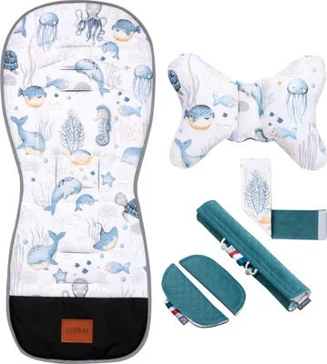 Immagine prodotto di Set estivo di cuscini per carrozzina Bellochi - inserto universale e arioso per carrozzina con cuscino, copricintura e coprimanubrio - cotone e velour - Verne