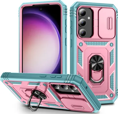 Image de Etui pour Samsung Galaxy S23 FE avec protection de l'appareil photo coulissant, résistant aux chocs, avec porte-anneau, support et porte-cartes Vert Rose