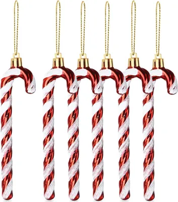 Image de 6x cannes à sucre rouges et blanches - décoration scintillante pour l'arbre de Noël et le sapin de Noël - décoration de Noël festive en plastique