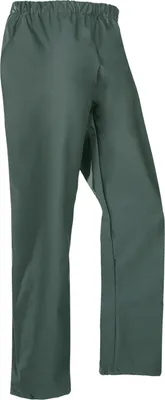 A pair of dark green work pants is shown against a white background.