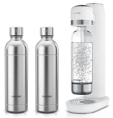 Productafbeelding van Arendo bruiswaterapparaat set met 2 roestvrijstalen flessen van 1 liter en een PET-fles, met fijn instelbare bruissterkte, geschikt voor CO2-cilinders van 60 liter van gangbare merken, bruiswatermaker, 4-delig, wit