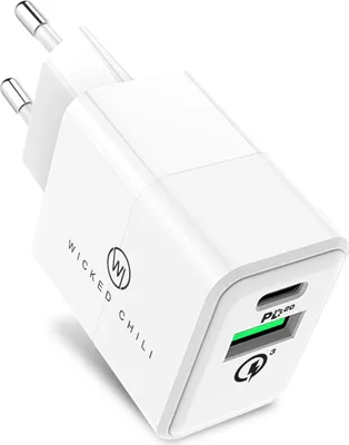 A white dual USB wall charger with a USB-C port and a USB-A port.