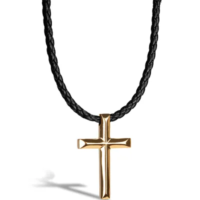 Produktbild von SERASAR | Pánský Náhrdelník z Pravé Kůže [Cross] z Stainless Steel | Barva: Zlato | Délka: 60cm