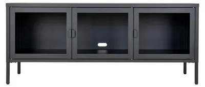 Image de Meuble TV Brisbane en acier noir avec 3 portes en verre, 130×40×55 cm