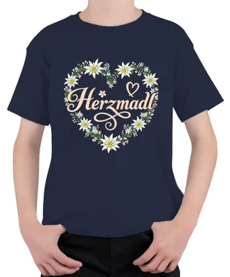 Obrázek produktu pro Tričko s motivem "Herzmadl Edelweiss Blumenherz Tracht Bayern Wiesn Lederhose Alpen" pro děti, tmavě modré, velikost 104