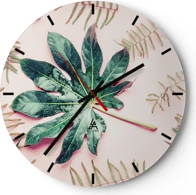 Produktbild von Wanduhr - Rund - Glasuhr - Blatt Tropisch Palme - 40x40cm - Schleichendes Uhrwerk - Lautlos - zum Aufhängen bereit - Dekoration Modern - Wanddekoration aus Glas - C3AR40x40-4314