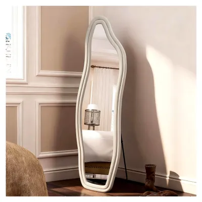 Produktbild von Standspiegel, weiß, 160 x 50 cm – Spiegel in voller Länge mit Samtrahmen, modernes asymmetrisches Design, freistehend oder zur Wandmontage, für Schlafzimmer, Ankleidezimmer und Wohnzimmer