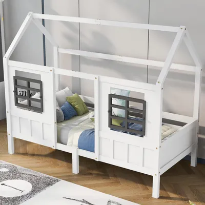 Obrázek produktu pro Dětská postel, model "domeček", rozměry 90x200 cm, s ochranou proti vypadnutí a lamelovým roštem, bílá barva