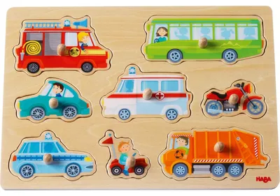Produktbild von HABA 301940 - Greifpuzzle Fahrzeug-Welt , Holzspielzeug ab 12 Monaten , 8-teiliges Puzzle aus Holz mit bunten Fahrzeugmotiven , Mit großen Knöpfen zum Greifen
