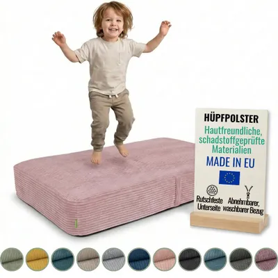 Produktbild von Pillows24 – Hüpfpolster für Kinder | Hüpfkissen 70x110x17 cm | Federn & Schaumstoff | Kindertrampolin für Zuhause | Hüpfmatte | abnehmbarem Cordbezug