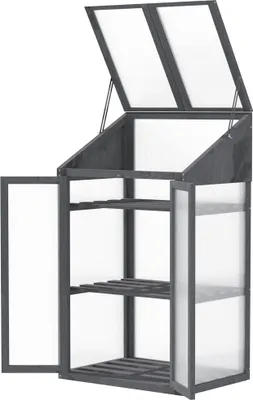 Produktbild von Mini-Gewächshaus,kleinesTreibhausmitHolzrahmen,FensterundDoppeltür,3Regale,70Lx50Bx120Hcm,Grau
