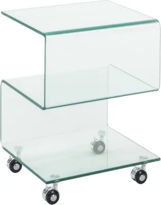 A clear glass side table with wheels.