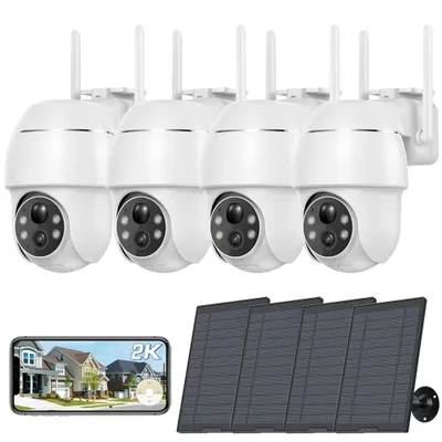 Produktbild von 4 Stück 2K Solar Überwachungskamera Aussen 355°/90° Schwenkbar Aussenkamera Akku Farbnachtsicht Personen-/Bewegungserkennung Kabellose WLAN IP Kamera