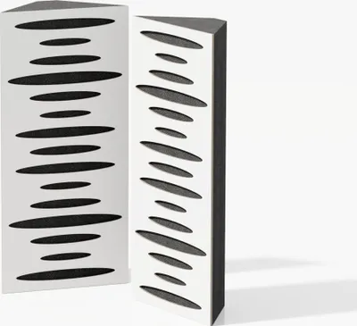 Two white acoustic corner bass traps with black oval cutouts are shown against a white background.