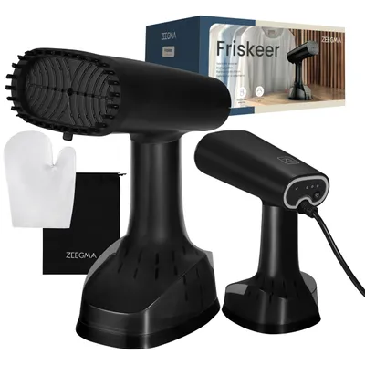 A product shot of a handheld garment steamer and its accessories, with packaging in the background.
