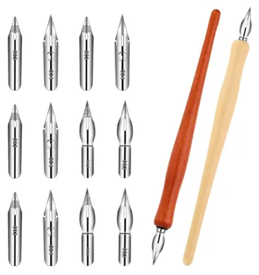 Produktbild von Kalligraphie Stift Set mit 2 Holz Federhaltern und 12 Federn zum Schreiben und Malen