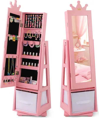 Produktbild von COSTWAY Kinder Schmuckschrank, 3in1 Spiegelschrank 360° drehbar mit Ganzkörperspiegel & Aufbewahrungskorb in Kronenform, für Kinder ab 3 Jahren Rosa