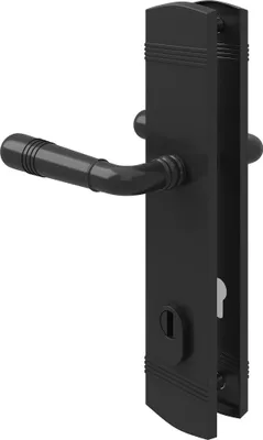 A black door handle set with a keyhole.