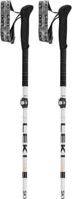 A pair of white and black ski poles with orange accents, presented against a white background.