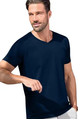Produktbild von Herren T-Shirt mit V-Ausschnitt aus Baumwolle, 100% Baumwolle, unbedruckt, einfarbig, 180g/m2, Farbe dunkelblau, Größe XL