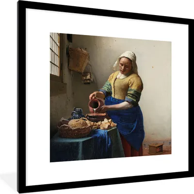 Produktbild von MuchoWow® Gerahmtes Poster Das Milchmädchen - Gemälde von Johannes Vermeer 40x40 cm - Poster mit Schwarzem Bilderrahmen Wandposter Rahmen Foto Bilder - Poster - Plakat im Rahmen