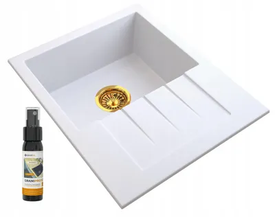 Obrázek produktu pro Granitan | Granitový dřez – MILANO – se zlatým sifonem – 1 vanička – bílý – 57,4 x 46,4 cm – moderní kuchyňský dřez
