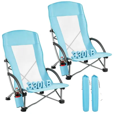 Productafbeelding van VEVOR 2 campingstoelen, inklapbaar, draagvermogen 150 kg, visstoel met hoge rugleuning, bekerhouder, netrug, draagtas en extra brede zitting. Ideaal als strandstoelen voor outdoor activiteiten en vissen
