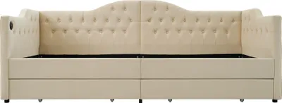 Produktbild von Polsterbett 90x200cm Daybett (Ohne Matratze) Schlafsofa Stauraumbett Einzelbett Jugendbett Mit USB Typ C Ladefunktion und 2 Schubladen Beige Samt