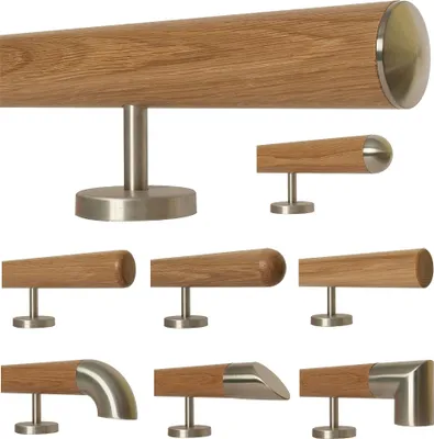 Produktbild von TIBU Eiche Holz Handlauf Geländer 0,3m - 5m, Länge 30 cm, Ende leicht gewölbte Edelstahlkappe und 2 gerade Halter