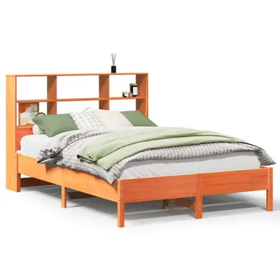 Produktbild von vidaXL Massivholzbett mit Regal ohne Matratze Wachsbraun 135x190 cm