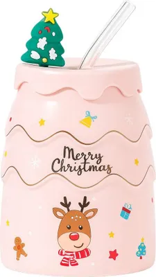 Obrázek produktu pro eCa KB06R Stylový vánoční termohrnek ve tvaru stromečku s brčkem, 400 ml, růžový