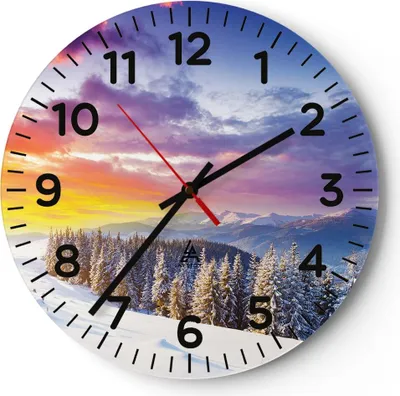 Produktbild von Wanduhr - Rund - Glasuhr - Berge Schnee Winter - 30x30cm - Schleichendes Uhrwerk - Lautlos - zum Aufhängen bereit - Dekoration Modern - Wanddekoration aus Glas - C4AR30x30-3605