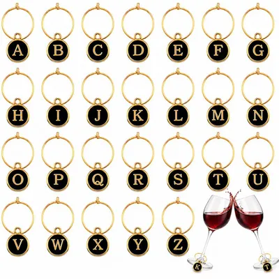 26er Set Wein- und Cocktailglas-Anhänger, Buchstaben, schwarz