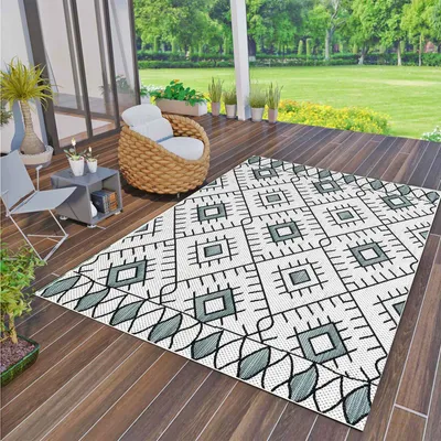 Produktbild von In- und Outdoor Flachgewebe Terrassen & Balkon Küche Teppich Rauten Boho Design , Maße:80x150 cm