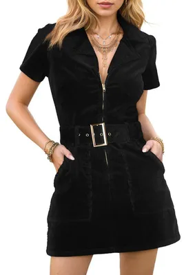 Produktbild von Imily Bela Mini-Cordkleid für Damen, kurze Ärmel, Reverskragen, Reißverschluss, Gürtel, Jeanskleid mit Taschen