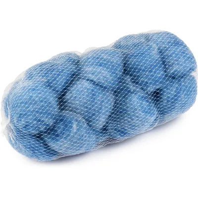 A mesh bag filled with blue, spherical objects, likely filter media, against a white background.