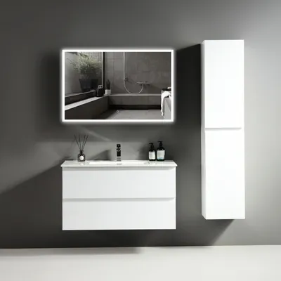 Produktbild von Alpenberger Badmöbel Set mit Waschbecken | Badezimmer Spiegel mit Beleuchtung | Badschrank Hochschrank | Hängeschrank Bad | Waschtisch mit Unterschrank 100cm