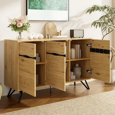 Produktbild von okwish Sideboard Wohnzimmerschränke mit 3 Türen,Buffetschrank Kommode mit schwarzen Metallbeinen und mehrere Inneneinteilungen,Holzfarbe