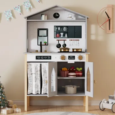 Obrázek produktu pro Dětská kuchyňka Flieks s vodovodním kohoutkem, kuchyňka v designu domečku, dětská kuchyňka 60 x 28,5 x 92,5 cm, šedá