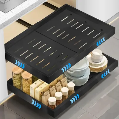 Immagine prodotto di Set composto da 2 cassetti estraibili per cucina - Organizer per vani contenitori - Larghezza regolabile da 32 a 53 cm - Profondità 43 cm - Metallo - Nero