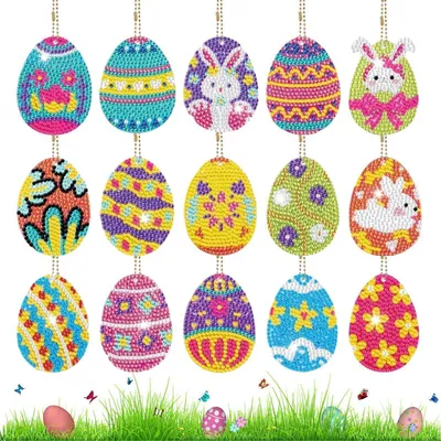 Produktbild von Diamond Painting Anhänger Set Ostern 15 Stück Osterei Schlüsselanhänger Bastelset DIY