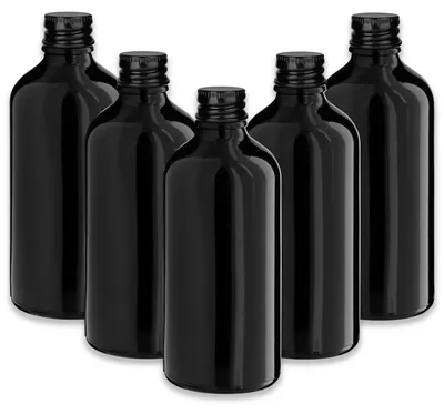 Produktbild von 5x Schwarze Glasflasche 100 ml mit schwarzem Aluminiumverschluss leer